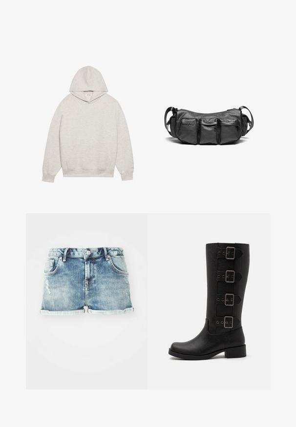Sudadera gris claro hecha de tejido suave, con un bolsillo frontal tipo canguro, capucha ajustable y puños y dobladillo acanalados.; Shorts de mezclilla en un lavado azul claro, con dobladillos enrollados, cinco bolsillos y detalles desgastados para un look casual.; Botas negras altas hechas de material sintético suave. Cuentan con cuatro correas decorativas con hebillas metálicas rectangulares. Diseño de tacón cuadrado.; Bolso cruzado de cuero negro con un acabado texturizado. Presenta tres bolsillos exteriores y una correa ajustable. Forma compacta y redondeada.