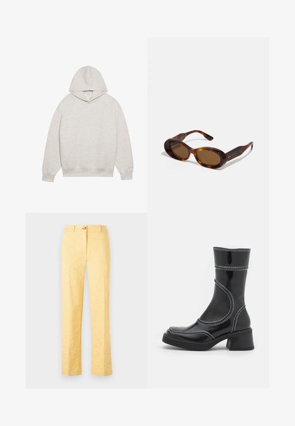 Šviesiai pilkas džemperis, pagamintas iš minkštos medžiagos, su priekinia kišene, reguliuojamu gobtuvu ir stora apykakle bei rankovėmis.; Geltoni pritaikyti kelnių modeliai su tekstūruotu gėlių raštu, tiesių kojų dizainu, sagos uždarymu ir diržo kilpomis juosmenyje.; Juodo lakuoto odos kulkšninis batas su baltomis siūlėmis, apvaliu pirštu ir blokuotu kulnu. Ypatinasi išlenktomis dizaino linijomis ir lygia tekstūra.; Tortoiso akies saulės akiniai su ovaliais objektyvais, rusvu tonu ir auksiniais akcentais ant šonų. Stori rėmeliai su blizgiu paviršiumi ir glotnia tekstūra.