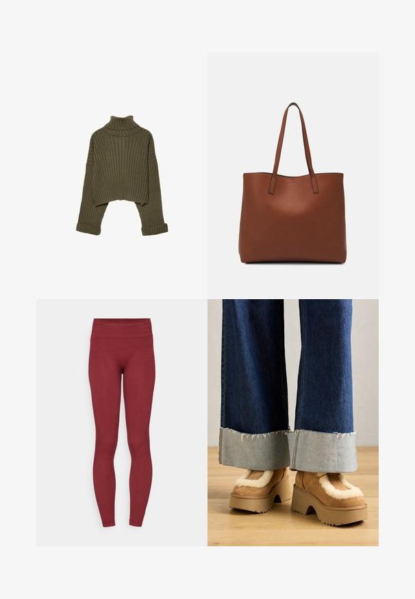 Stradivarius Neule - khaki; Bordeaux legginsit korkealla, teksturoidulla vyötäröllä, tiukalla leikkauksella ja sileällä kankaan pinnalla. Ei näkyviä kuvioita tai varusteita.; Ruskeat samettikankaiset platform-kengät, joissa on kermaisen valkoinen turkisvuori, yhdistettynä leveälahkeisiin farkkuhousuihin, joissa on repaleiset helmansa ja vaaleampi farkkuvarsi.; Ruskea nahkainen olkalaukku, jossa on sileä pinta, avoin yläosa ja kaksi olkahihnaa. Omaavat vain minimaalisen ompelun eikä näkyvää metalliosaa.