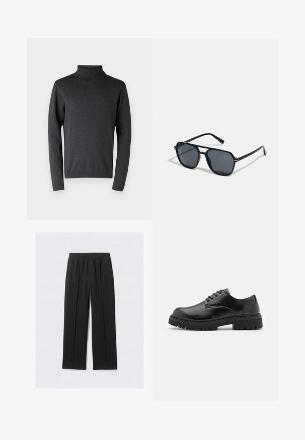 Tumehall villane kaelussweater, mis on valmistatud pehmest materjalist, millel on pikad varrukad ja ribakootud mansetid ning hem, ühtlase ja siledaga tekstuuriga.; Mustad, laihoosalised püksid, mis on valmistatud tekstuuriga kangast, millel on elastne vöökoht ja kaks külje taskut. Omab eespleite, et luua järgnenud välimus.; Mustad mustad nahast jalanõud, millel on ümardatud varvas, paeltega disain ja paks, tekstuuriga kummitald. Omab äärte pikeeringut ja siledat viimistlust.; Mustad mustad prillid oktaalpäistega, tumedad läätsed, läikiv viimistlus, õhukesed templid ja kuldsed aktsendid ees.