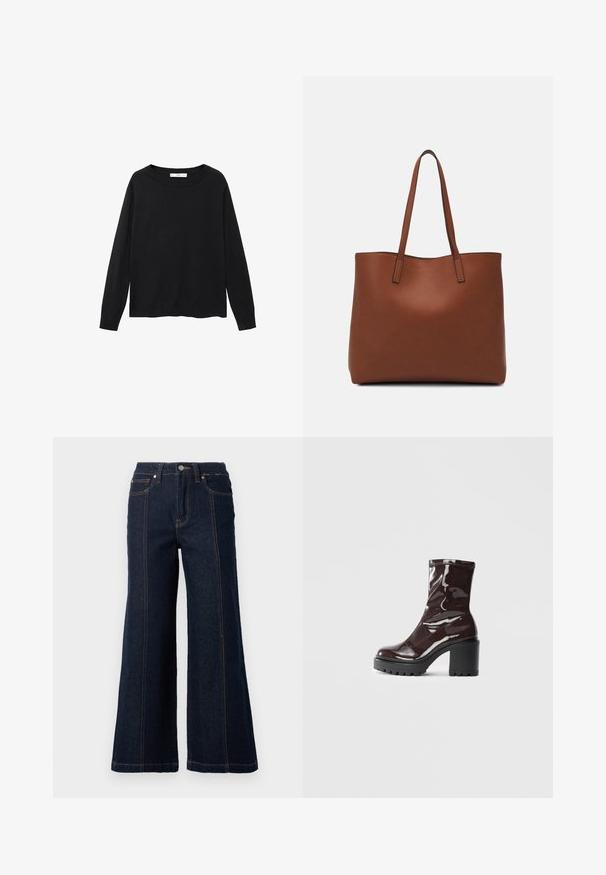 Černý svetr s dlouhými rukávy, kulatým výstřihem a volným střihem. Vyrobeno z hladké, lehké tkaniny se jednoduchým designem.; Kalhoty s širokými nohavicemi v tmavém denimu. Mají vysoký pas, dvě přední kapsy a kontrastní oranžové prošívání podél švů.; Lesklá bordó kotníková bota s masivním černým podpatkem, se hladkým povrchem a jednoduchým designem. Žádné viditelné zapínání ani vzory.; Hnědá kožená taška přes rameno s hladkou texturou, otevřeným designem a dvěma ramenními popruhy. Obsahuje minimální švy a žádné viditelné kovové prvky.