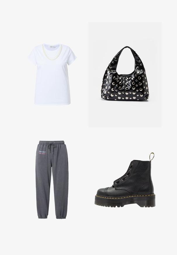Felpa oversize grigio scuro con colletto e polsini a costine. Presenta dettagli di cucitura orizzontale e testo stampato in viola e rosso.; T-shirt bianco in cotone con maniche corte, caratterizzato da un design di collana di perle a strati lungo il collo. Tessuto liscio, vestibilità standard.; Pantaloni sportivi grigio scuro in un materiale morbido, con vita elastica, cordoncino e polsini arricciati. Include testo del marchio ricamato.; Stivale alla caviglia in pelle nera con superficie testurizzata, punta tonda, design con lacci, cuciture gialle e una suola piatta nera spessa e scanalata.; Borsa a mano in vernice nera con forma arrotondata, caratterizzata da borchie metalliche argento di varie dimensioni e una tracolla ampia per un trasporto facilitato.