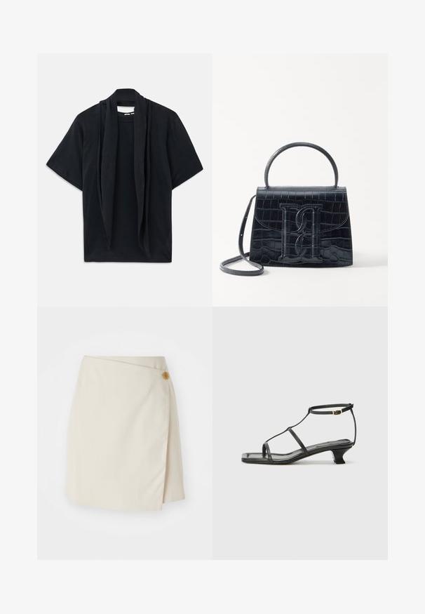 Crna majica s kratkim rukavima s naboranom maramom na izrezu. Mekani materijal, opušteni kroj i široka silueta.; Bež suknja s omotom koja sadrži bočno zatvaranje na dugme, čvrst materijal, čiste linije i glatku teksturu, dizajnirana za prilagođeni siluetu.; Crne kožne sandale sa kvadratnim vrhom, tankim trakama, podesivom trakicom oko gležnja i niskom petom. Imaju mali zlatni detalj na traci.; Crna torba od krokodilne kože s uzorkom, strukturiranog dizajna, gornjom ručkom, podesivom trakom i istaknutim logotipom sprijeda.