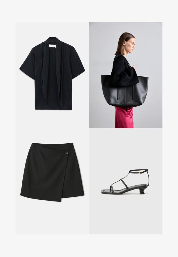 Melnas īsās piedurknes kreklis ar brīvu šalli ap kaklu. Mīksta auduma, brīvas piegriezuma un vaļīgas silueta.; Melna apļveida svārku, ar gludu auduma tekstūru, asimetrisku dizainu un sānu pogu aizdari papildu detaļām.; Melna ādas sandale ar kvadrātveida purngalu, plānām siksnām, regulējamu potītes siksnu un zemu papēdi. Iezīme ir neliela zelta akcenta detaļa uz siksnas.; Melnas ādas rokas soma ar teksturētu apdari, kas ietver divas vertikālas līnijas, divas plecu siksnas un minimālistisku dizainu.