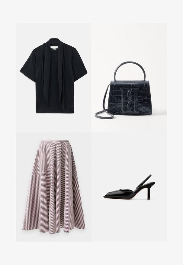 T-shirt nera a maniche corte con dettaglio di sciarpa drappeggiata sul collo. Tessuto morbido, vestibilità rilassata e silhouette ampia.; Gonna a righe con linee verticali bianche e bordeaux, caratterizzata da un design a campana e una texture arricciata in vita, realizzata in tessuto leggero.; Décolleté nera in pelle con punta affusolata, design minimalista, sottile cinturino alla caviglia e tacco a stiletto elegante. Texture liscia.; Borsa in pelle nera con incisione a forma di coccodrillo, dal design strutturato, dotata di manico superiore, tracolla regolabile e un evidente dettaglio logo frontale.; Spilla in oro con un design annodato caratterizzato da linee morbide e curve e una forma intricata, che riflette una finitura lucida.