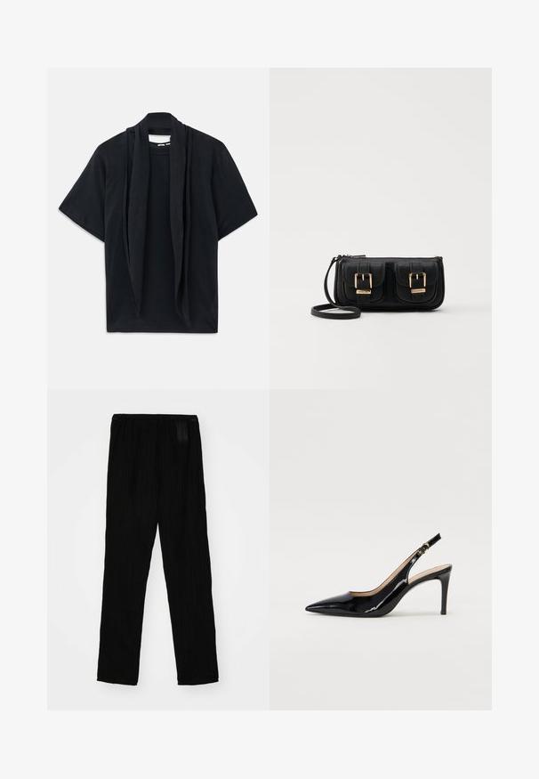 T-shirt noir à manches courtes avec un détail de foulard drapé au niveau du col. Tissu doux, coupe décontractée et silhouette ample.; Pantalons plissés noirs en tissu léger, avec une taille élastique et une coupe droite. Texture lisse, sans motifs visibles.; Pompe slingback en cuir verni noir avec un bout pointu, un talon fin et un design de découpes subtil. Elle dispose d'une boucle dorée sur la sangle.; Sac en cuir noir porté en travers avec deux poches avant, boucles dorées, fermeture zippée et une sangle fine. Surface texturée et forme rectangulaire compacte.