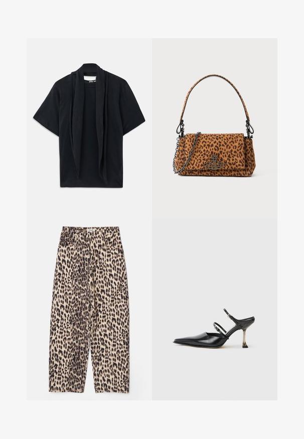 Tricou negru cu mânecă scurtă, cu un detaliu de eșarfă drapată la guler. Material moale, croială lejeră și siluetă liberă.; Pantaloni cu imprimeu de leopard în nuanțe de bej și negru, cu un croi lejer, material texturat și patru buzunare, având un tiv la talie.; Pantofii slingback din piele neagră cu vârf ascuțit, dotati cu două curele ajustabile și un toc metalic. Textură netedă și design minimalist.; Geantă de mână cu imprimeu leopard, realizată din suede, cu o mânere scurtă, un curea din lanț și un închizător din metal negru. Formă rectangulară cu închidere prin clapetă.