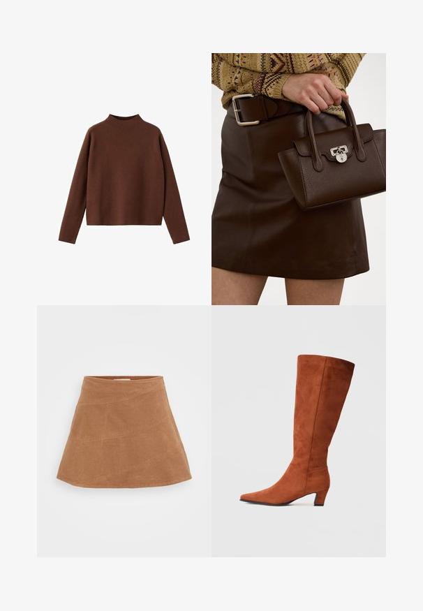Suéter marrón de manga larga con cuello alto. Fabricado con una tela suave y texturada. Presenta una forma relajada y cuadrada, con un diseño minimalista.; Minifalda de pana marrón con un diseño acampanado, que presenta costuras diagonales y una textura suave. Cintura plana en la parte superior.; Bota alta de ante marrón hasta la rodilla con punta afilada y un pequeño tacón cuadrado, que presenta una textura suave y un diseño minimalista.; Bolso de mano de cuero marrón con un acabado texturizado y herrajes plateados, sostenido con una mano al lado de una falda de cuero marrón y un suéter con estampados.