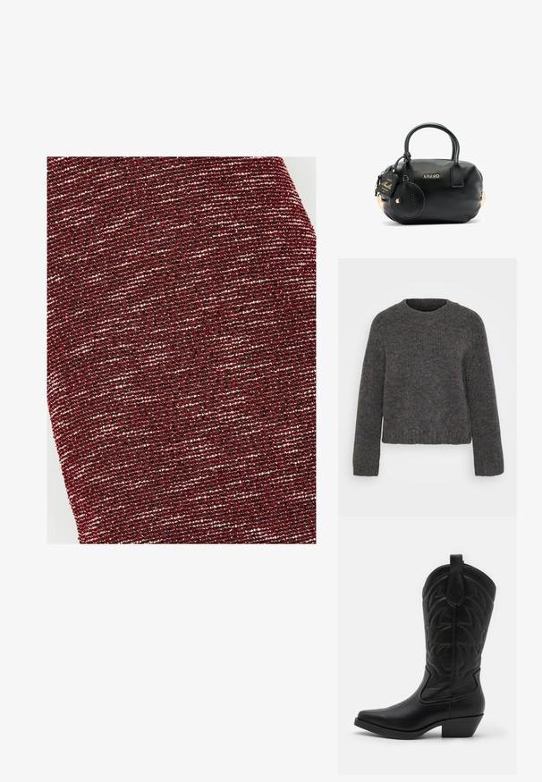 Pilkas megztinis su apvalia iškirpte, ilgomis rankovėmis ir dryžuotom rankogaliais bei apačia. Audinys atrodo minkštas ir šiek tiek margas.; Tamsiai raudonas dekoratyvinis audinys su sidabro taškeliais, turintis austo rašto, kuris sukuria subtilų blizgesį ir gylį. Minkšta, lanksti medžiaga.; Juodas kaubojiškas batas su smailiu pirštu, tekstūruota oda, dekoratyvine siuvinėta kojine ir žemu pakelta kulnu.; Juoda tekstūruota odinė rankinė su apvalia forma, trumpomis rankenėlėmis, auksinės spalvos detalių akcentais ir prisegta apvalia etikete, kurią puošia prekės ženklo logotipas.