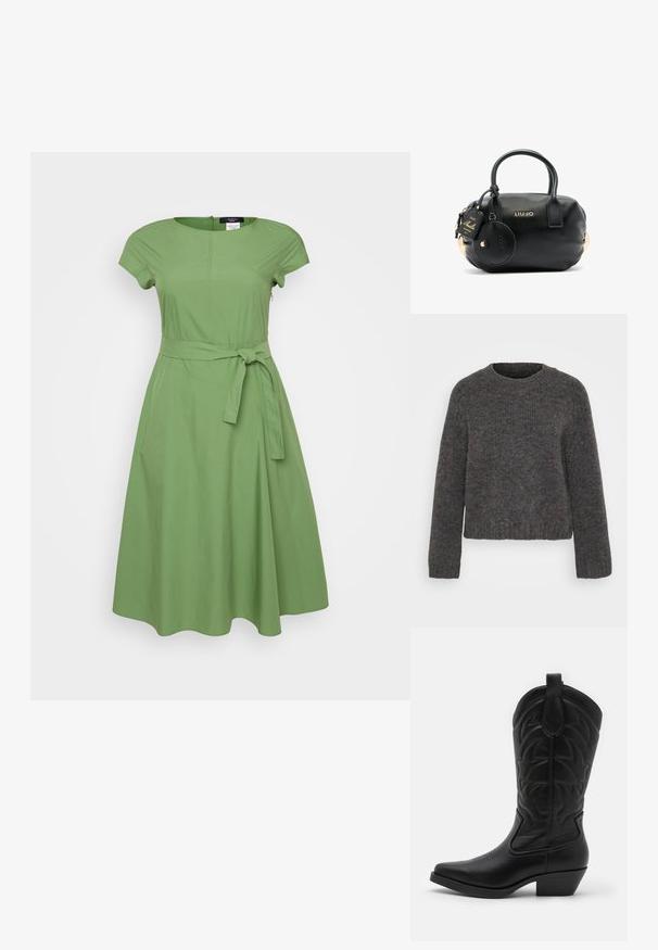 Grå stickad tröja med rund halsringning, långa ärmar och ribbade muddar och fåll. Texturen verkar mjuk och tyget är lätt mönstrat.; WEEKEND MaxMara MAGMA - Vardagsklänning - verde; Svart cowboyboot med spetsig tå, texturerat läder, dekorativ sömnad på skaftet och en låg klack.; Svart texturerad läderhandväska med rund form, korta handtag, detaljer i guld och en fäst cirkulär tagg med varumärkeslogotyp.