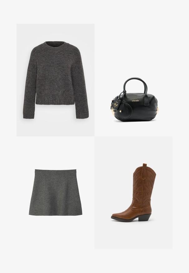 Grauer Strickpullover mit rundem Ausschnitt, langen Ärmeln und gerippten Bündchen und Saum. Die Textur wirkt weich und der Stoff ist leicht marmoriert.; Dunkelgrauer, kurzer A-Linien-Rock mit glatter Oberfläche und ohne sichtbare Muster oder Verzierungen.; ONLY SHOES ONLBRONCO - Cowboy-/Bikerboot - brown; Schwarze, strukturierte Lederhandtasche mit runder Form, kurzen Griffen, goldenen Hardware-Details und angehängtem, runden Etikett mit Markenlogo.