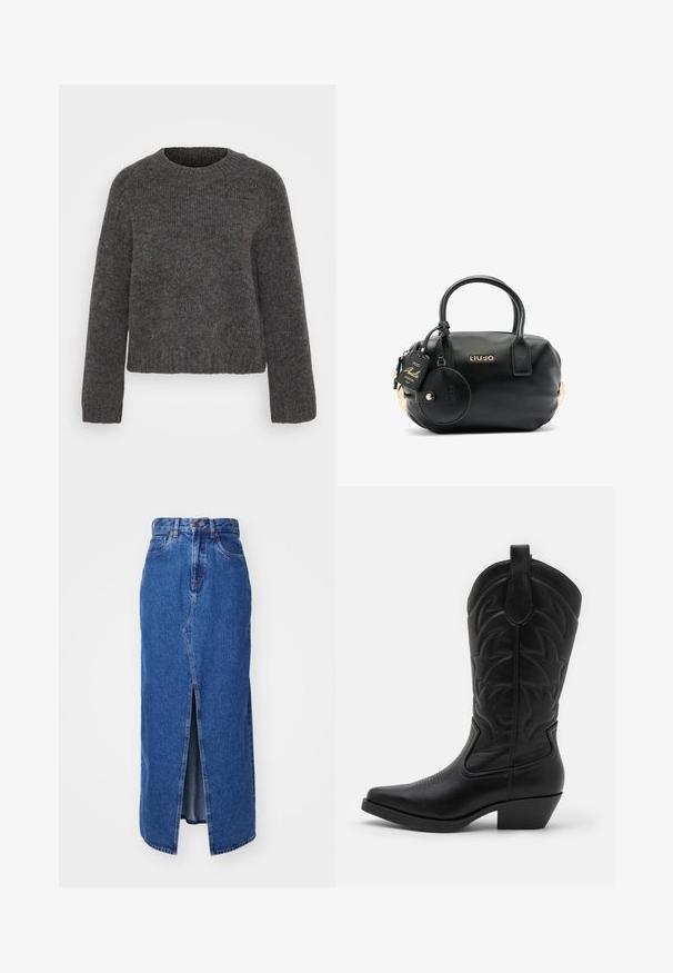 Pelēka adīta džempera ar apaļu kakla izgriezumu, garām piedurknēm un ribotām aprocēm un apakšmalu. Auduma struktūra šķiet mīksta, un tas ir nedaudz pleķains.; Rāmu džinsi maksi svārki vidēji zilā krāsā ar priekšējo šķēlumu, augstu jostasvietu un klasisku piecu kabatu dizainu. Iezīmējas ar kontrastējošu diegu un ar rāvējslēdzēju aizveramu jostu.; Melns kovboju zābaks ar smailu purngalu, teksturētu ādu, dekoratīvu izšuvumu uz kājas un zemu sakrātu papēdi.; Melna strukturēta ādas rokassomiņa ar noapaļotu formu, īsām rāmēm, zelta detaļām un piestiprinātu aploksni ar zīmola logo.