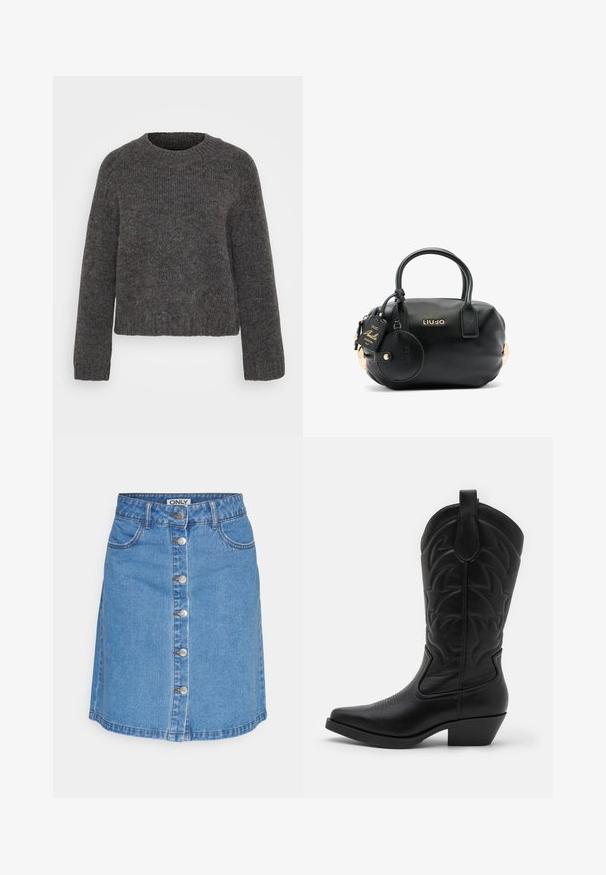 Pilkas megztinis su apvalia iškirpte, ilgomis rankovėmis ir dryžuotom rankogaliais bei apačia. Audinys atrodo minkštas ir šiek tiek margas.; Šviesiai mėlyna džinsinė sijonas su prigludusia forma, su priekiu užsegamas mygtuku, dviem priekinėmis kišenėmis ir baigiasi virš kelių.; Juodas kaubojiškas batas su smailiu pirštu, tekstūruota oda, dekoratyvine siuvinėta kojine ir žemu pakelta kulnu.; Juoda tekstūruota odinė rankinė su apvalia forma, trumpomis rankenėlėmis, auksinės spalvos detalių akcentais ir prisegta apvalia etikete, kurią puošia prekės ženklo logotipas.