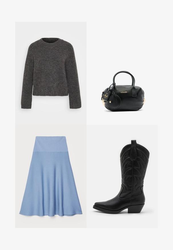 Gray knit sweater with a round neckline, long sleeves, and ribbed cuffs and hem. The texture appears soft and the fabric is slightly mottled.; A flared skirt in light blue fabric with a ribbed waistband, featuring a smooth texture and a flowing design that extends to mid-calf.; Black cowboy boot with a pointed toe, textured leather, decorative stitching on the shaft, and a low stacked heel.; Black textured leather handbag with rounded shape, short handles, gold hardware accents, and attached circular tag featuring brand logo.