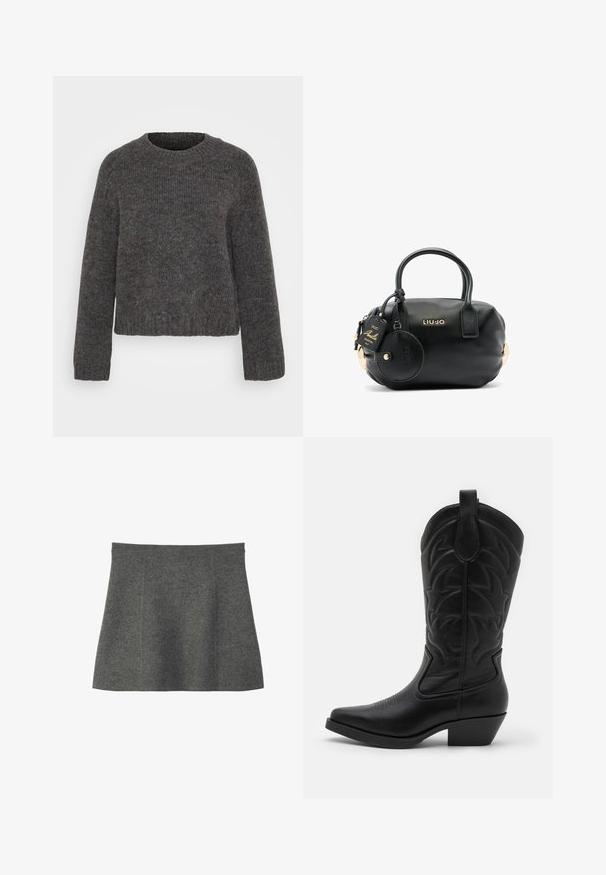 Grauer Strickpullover mit rundem Ausschnitt, langen Ärmeln und gerippten Bündchen und Saum. Die Textur wirkt weich und der Stoff ist leicht marmoriert.; Dunkelgrauer, kurzer A-Linien-Rock mit glatter Oberfläche und ohne sichtbare Muster oder Verzierungen.; Schwarze Cowboy-Stiefel mit spitzer Zehenform, strukturiertem Leder, dekorativer Stickerei am Schaft und einem niedrigen, gestapelten Absatz.; Schwarze, strukturierte Lederhandtasche mit runder Form, kurzen Griffen, goldenen Hardware-Details und angehängtem, runden Etikett mit Markenlogo.