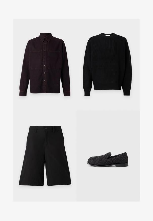 Black knitted sweater with a ribbed texture, round neck, and dropped shoulders, featuring long sleeves and a relaxed fit design.; Dark purple denim shirt with long sleeves, a pointed collar, two front pockets, and contrasting red stitching. Features button closure.; Black shorts made of cotton blend fabric, featuring a straight cut, front button closure, side pockets, and a smooth texture.; Black quilted slip-on shoe, featuring a textured fabric upper, rounded toe, and a flat black sole, showcasing diamond-pattern stitching.