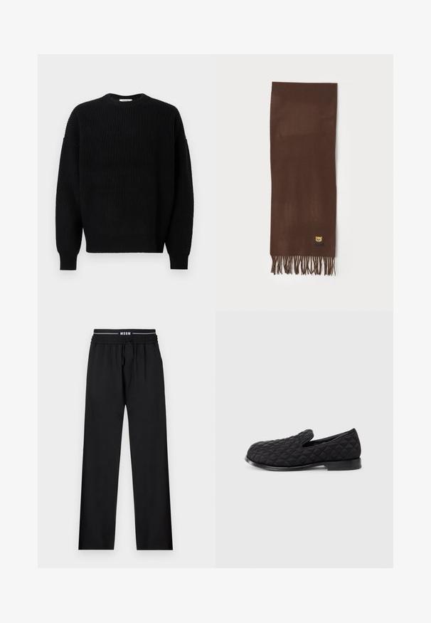 Černý pletený svetr s ribovanou texturou, kulatým výstřihem a spadlými rameny, mající dlouhé rukávy a volný střih.; Černé kalhoty s volným střihem, elastickým pasem, nastavitelnou šňůrkou a bočními kapsami. Vyrobené z hladkého materiálu bez vzorů.; Černé prošívané nazouvací boty s texturovaným svrškem, zaoblenou špičkou a plochou černou podrážkou, na které se nachází prošívání ve tvaru diamantů.; Hnědý šátek vyrobený z měkké tkaniny, s třásněmi na okrajích a malým logem medvídka v dolním rohu. Jednoduchý a obdélníkový design.