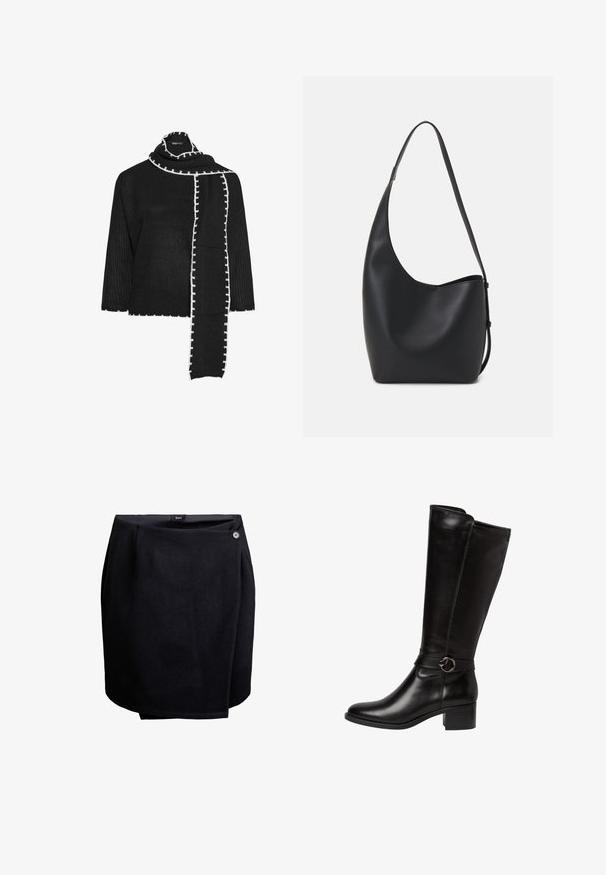 Zwarte gebreide top met brede mouwen, met een gestructureerde afwerking en een contrasterende witte decoratieve rand langs de halslijn en sjaal.; Zwarte wikkelrok met een enkele knoopsluiting aan de zijkant, gemaakt van gladde stof, knielang met een lichte overlapdetail.; Zwarte leren kniehoog laars met een ronde neus, een decoratieve band met een ronde gesp en een lage blokhak. Glad, glanzend oppervlak.; Zwarte leren hobo tas met een gladde textuur, kromme vorm en een enkele verstelbare schouderband; heeft een brede opening aan de bovenkant.