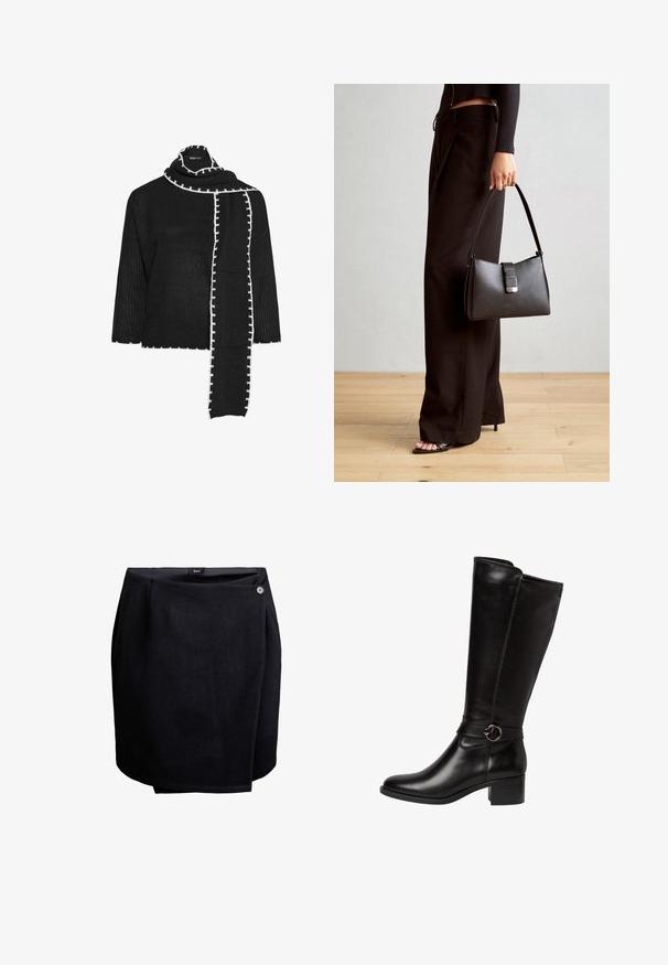 Zwarte gebreide top met brede mouwen, met een gestructureerde afwerking en een contrasterende witte decoratieve rand langs de halslijn en sjaal.; Zwarte wikkelrok met een enkele knoopsluiting aan de zijkant, gemaakt van gladde stof, knielang met een lichte overlapdetail.; Zwarte leren kniehoog laars met een ronde neus, een decoratieve band met een ronde gesp en een lage blokhak. Glad, glanzend oppervlak.; Zwarte handtas met gestructureerde vorm, gladde textuur en een metalen sluiting. Gecombineerd met brede zwarte broeken en sandalen met open teen op een houten vloer.