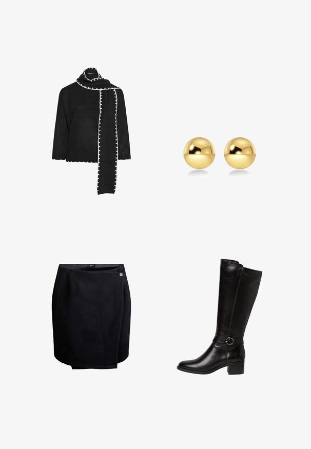 Schwarzes gestricktes Oberteil mit weiten Ärmeln, das eine strukturierte Oberfläche aufweist und am Ausschnitt sowie am Schal mit einem kontrastierenden weißen Dekorationsrand versehen ist.; Schwarzer Wickelrock mit einem einzelnen Knopfverschluss an der Seite, aus glattem Stoff, knielang mit einem leichten Überlappungsdetail.; Schwarzes Lederstiefel bis zum Knie mit einer abgerundeten Zehe, einem dekorativen Riemen mit einer runden Schnalle und einem niedrigen Blockabsatz. Glatte, glänzende Textur.; Goldfarbene, kugelförmige Ohrringe mit einer glänzenden, reflektierenden Oberfläche. Das Design ist schlicht und glatt, was einen modernen, minimalistischen Look erzeugt.