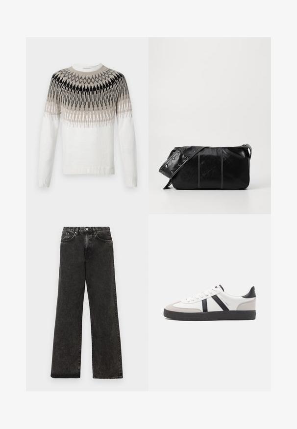 Neulepaita valkoisena, jossa on geometrinen kuvio mustan, harmaan ja beigen sävyissä. Varustettu pyöreällä kauluksella sekä resoreilla hihoissa ja helmassa.; Mustat farkut leveällä lahkeella, jossa on haalistunut kuvio, viisi taskua, etupainike ja hopeiset yksityiskohdat.; Valkoiset lenkkarit mustilla ja harmailla yksityiskohdilla, joissa on teksturoitu harmaa kärki, musta kumipohja ja litteät valkoiset nauhat. Siisti muotoilu, minimalistinen tyyli.; Mustakulmainen nahkainen olkalaukku, jossa on vetoketjukiinnitys, teksturoitu pinta, valkoiset ompeleet ja hihna, jossa on hopeiset niitit.