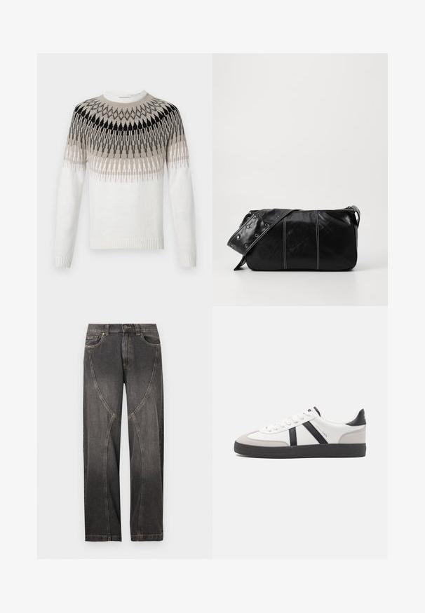 Strickpullover in Weiß mit einem geometrischen Muster in Schwarz-, Grau- und Beigetönen. Mit Rundhalsausschnitt und gerippten Bündchen und Saum.; Schwarze weit geschnittene Jeans mit kontrastierenden Nähten und geschwungenem Paneeldesign auf der Vorderseite, ausgestattet mit Gürtelschlaufen und Fronttaschen.; Weiße Sneaker mit schwarz- und grau-aczenten, ausgestattet mit einer strukturierten grauen Zehenkappe, schwarzer Gummi-Sohle und flachen weißen Schnürsenkeln. Sauberes Design, minimalistische Stil.; Schwarze Leder Schultertasche mit Reißverschluss, ausgestattet mit einer strukturierten Oberfläche, weißen Nähten und einem Tragegurt mit silbernen Ösen.