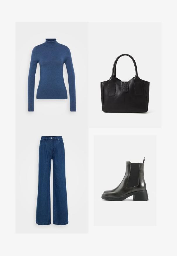 Sinine kõrge kaelusega soe sviiter, mis on valmistatud pehmest kudumist. Üksik kujundus pikemate varrukatega ja ribaga kaela- ning ääreosaga. Üksluiset tekstuur.; Hallise jalgadega sinised denim püksid kõrge vöökohaga, ees nupuga ja tõmbluku sulguri ning ees ja taga taskutega, lihtsa tausta ees.; Mustad musta nahast pahkluu saapad siledast viimistlusest, elastsete külgpanelidega ja jämeda kontsaga. Omavad tõmbenööri, et neid oleks lihtsam jalga panna.; Mustgamma nahast kott, millel on sile tekstuur, struktureeritud kuju, kaks käepidet ja esiküljel silmapaistev hõbedane pandla detail.