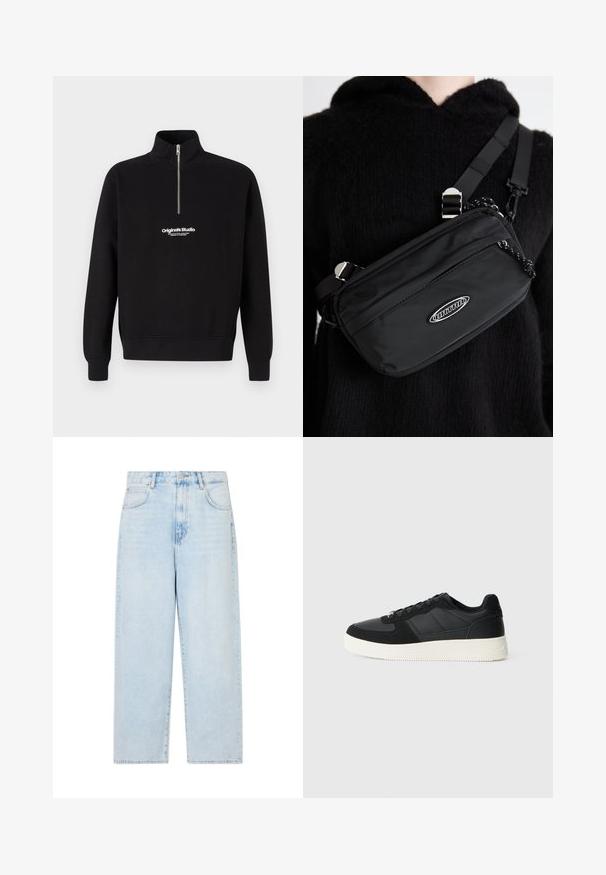 Zwart pullover sweatshirt met een hoge kraag en een halve rits, voorzien van een wit "Original Studio" logo aan de voorkant. Zachte stof textuur.; Lichtblauwe denim wijde broek met een hoge taille, vijf zakken en een knoopsluiting. Soepele textuur met een vervaagde wasfinish.; Zwarte low-top sneaker met gestructureerd leer en suède panelen, witte rubberen zool en zwarte veters op een effen lichte achtergrond.; Zwarte nylon crossbody tas met een verstelbare schouderriem, met een gladde textuur, een voorzak met rits en een logo-accent.