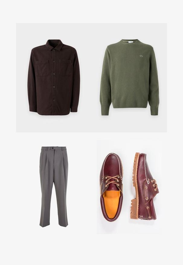 Olivazöld kötött pulóver, kerek nyakkal, bordás mandzsettákkal és aljjal, bal mellen egy kis hímzett logóval.; Sötétbarna ingdzseki, amely puha anyagból készült, két elülső zsebbel, gombos záródással és klasszikus gallértervvel.; Sima anyagból készült szürke pliszírozott nadrág, egyenes szabással, egygombos záródással és övhurkokkal. Minimalista dizájn.; Bordó bőr cipő barna gumitalppal, kerek orral, fehér varrással és arany fűzőlyukakkal. A belső tér sárga béléssel rendelkezik.