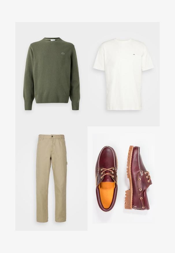 Zielona oliwkowa sweter z dzianiny z okrągłym dekoltem, prążkowanymi mankietami i dołem oraz małym haftowanym logo na lewej piersi.; Biała bawełniana koszulka z okrągłym dekoltem, krótkimi rękawami i małym czarnym logo "W.W." na lewej piersi. Gładka tekstura, standardowy krój.; Beżowe spodnie bawełniane z prostymi nogawkami, z przodem zapinanym na guzik, pięcioma kieszeniami i boczną kieszenią cargo.; Bordowe skórzane buty z brązowymi gumowymi podeszwami, okrągły czubek, białe przeszycia i złote oczka. Wnętrze posiada żółtą podszewkę.