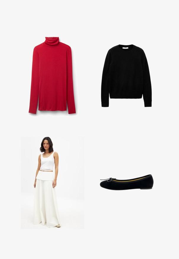 Schwarzer Rundhalsausschnitt-Pullover aus weichem Stoff, mit langen Ärmeln und einem schlichten, einfachen Design ohne ausgeprägte Muster oder Akzente.; Rotes Langarm-Top mit Rollkragen aus weichem, elastischem Stoff, mit umgeschlagenem Kragen und entspannter Passform mit geradem Saum.; Weißes Tanktop kombiniert mit einem fließenden weißen Maxirock. Der Rock hat einen geschichteten, gefalteten Bund und eine weiche, glatte Textur.; Schwarze Samt-Ballerinas mit runder Zehenpartie, einer kleinen Schleifenapplikation auf der Vorderseite und einem kontrastierenden gelben Innenfutter.