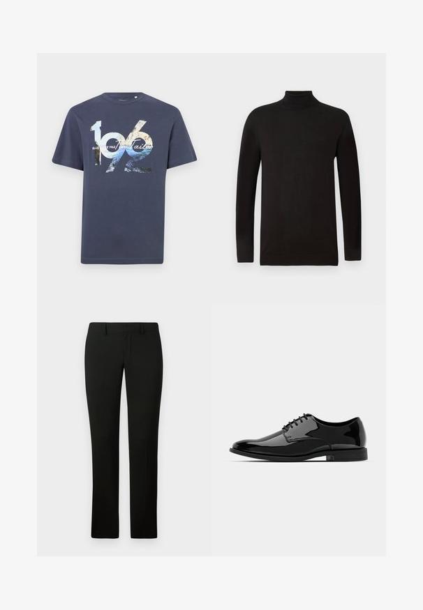 Pulover negru cu guler înalt dintr-o țesătură moale. Prezintă mâneci lungi și un design ajustat, cu un guler și un tiv cu benzi. Branding minim.; Tricou din bumbac de culoare bleumarin, cu imprimeuri grafice îndrăznețe care includ numerele "1962" și textul mărcii, cu mâneci scurte și guler rotund.; Pantaloni negri cu croială ajustată, având o textură netedă și un design cu picioare drepte. Talie cu bucle pentru curea și o finisare curată.; Pantofii din piele lacuită neagră, cu vârful rotund, design cu șireturi și suprafață netedă, strălucitoare. Au o talpă din cauciuc cu profil jos.