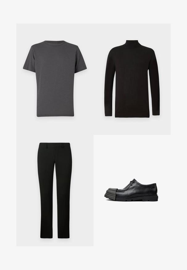 Černý rolák z měkké pleteniny. Má dlouhé rukávy a těsný střih s žebrovaným límcem a lemem. Minimální značení.; Tmavě šedé tričko s kulatým výstřihem a krátkými rukávy, vyrobené z měkké látky. Na přední straně je decentní logo, hladký povrch s minimálním počtem švů.; Černé kalhoty s přiléhavým střihem, vyrobené z hladké látky a s rovnými nohavicemi. Pas má poutka na opasek a čistý vzhled.; Černá kožená bota s výrazným zaobleným špičkou, texturovaným povrchem, šněrovacím designem a širokou gumovou podrážkou.