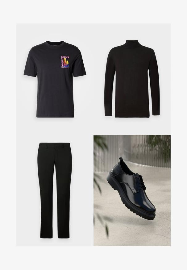 Pull à col roulé noir en tissu tricoté doux. Présente des manches longues et une coupe cintrée avec un col et un ourlet côtelés. Branding minimal.; T-shirt noir à manches courtes avec un motif coloré brodé sur la poitrine gauche portant l'inscription "Scotch Amsterdam". Tissu en coton doux.; Pantalon noir avec une coupe ajustée, présentant une texture lisse et un design à jambe droite. La taille est dotée de passants de ceinture et d'une finition soignée.; Chaussure en cuir noir avec une finition brillante, bout rond, design à lacets, surpiqûres contrastantes, et semelle épaisse en caoutchouc avec motifs de relief.