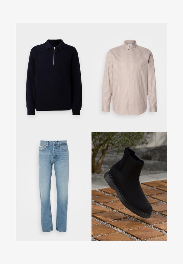 Tumes ribadega kootud pullover, millel on lukk ees, klassikaline krae ja pikad varrukad. Pehme tekstuur ja mugav lõige.; Bež pikkidega, valgete vertikaalsete triipudega, nupuga pikkade varrukatega särk, millel on terav krae ja rindkeres väike tikand.; Heledad sinised teksad sirge säärega disainiga, viie tasku ja nööbi ning tõmbluku kinnitusega. Omab õhukest pleekimist ja sangitud detaile.; Mustad mustankott, mis on valmistatud siledast materjalist, peente õmblustega, kummitald ja stiilne disain, asetatud puidustruktuuriga pinna kohale.