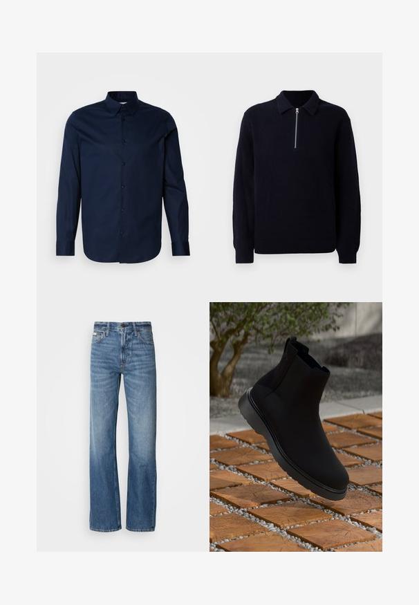 Maglione in maglia a coste blu navy con apertura a zip sul davanti, colletto classico e maniche lunghe. Texture morbida con vestibilità rilassata.; Camicia a maniche lunghe blu navy realizzata in tessuto morbido, con chiusura a bottoni, colletto a punta e polsini con un sottile logo sul petto.; Jeans in denim blu con una vestibilità a gamba dritta, vita alta e un leggero sbiadimento. Dotati di chiusura con bottone e zip e design classico a cinque tasche.; Stivale alla caviglia nero realizzato in materiale liscio con cuciture sottili, una suola in gomma e un design elegante, posizionato sopra una superficie dalla texture legnosa.
