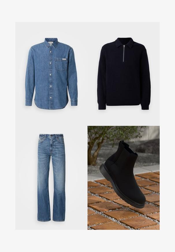 Jūras spēku zils ribota adīšana vilnas krekls ar rāvējslēdzēju priekšpusē, klasisku apkakli un garām piedurknēm. Mīksta tekstūra ar brīvu piegriezumu.; Vidēji zilas denim krekls ar pogām uz apkakles, garām piedurknēm, priekšējo kabatu un baltām pogām. Tam ir nedaudz izliekts apakšgalvs.; Zilā džinsu bikses ar taisnu kāju griezumu, augstu jostasvietu un vieglu izbalēšanu. Iekļauta pogu un rāvējslēdzēja aizdare, kā arī klasiskā piecu kabatu dizains.; Melna potīte, kas izgatavota no gludas materiāla ar smalku šuvju, gumijas zoli un elegantu dizainu, novietota virs koka tekstūras virsmas.