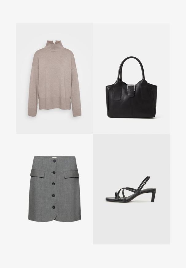 ONLY Tall ONLCOCO LIFE HIGH NECK - Trui - fungi melange; Grijs gestreepte rok met twee voorzakken, een ronde zoom en zes zwarte knopen aan de voorkant voor sluiting. Gestructureerde stoftextuur.; Zwarte sandaal met bandjes, vierkante teen en een lage blokhak. Voorzien van meerdere dunne bandjes en een verstelbare enkelband. Gemaakt van zacht leer.; Zwarte leren tote bag met een gladde textuur, gestructureerde vorm, twee handvatten en een opvallend zilveren sluitingdetail aan de voorkant.