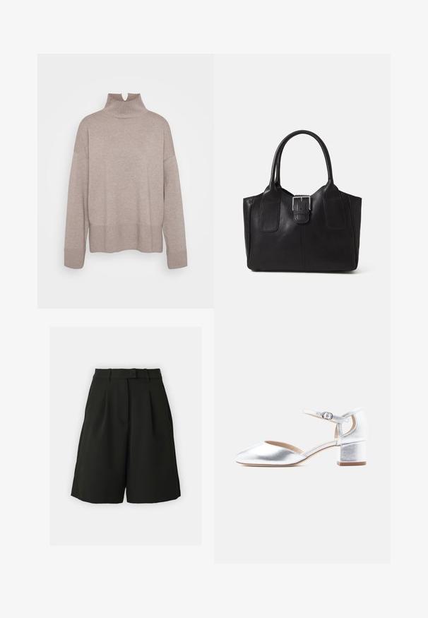 ONLY Tall ONLCOCO LIFE HIGH NECK - Džemperis - fungi melange; Vero Moda Tall VMBECCA BERMUDA - Šorti - black; Sudraba metāla zemas papēžu kurpes ar potītes siksniņu, mandeles formas purngals, gluda tekstūra un bloks papēdis.; Melnas ādas somiņa ar gludu tekstūru, strukturētu formu, divām rokturām un izteiktu sudraba sprādzi priekšpusē.