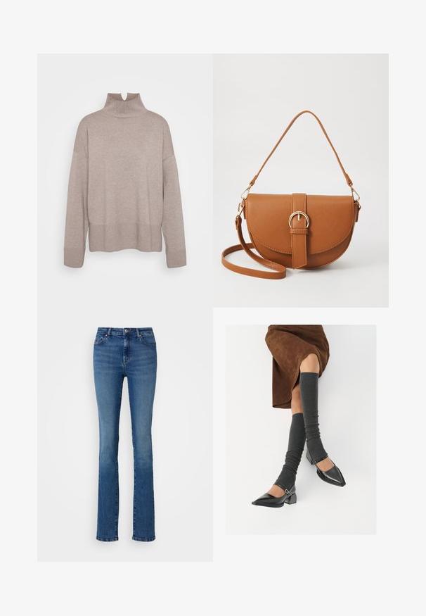 ONLY Tall ONLCOCO LIFE HIGH NECK - Camisola - fungi melange; ONLY Tall ONLSUI MID - Calças de ganga justas - medium blue denim; Sapatos pretos de pele lacada com biqueira pontuda, salto bloco e tiras no tornozelo, combinados com caneleiras cinzas em malha e uma saia de camurça castanha.; Bolsa transversal de couro castanho com um formato curvado, ferragens douradas e um detalhe de fivela. Inclui uma alça de ombro destacável.