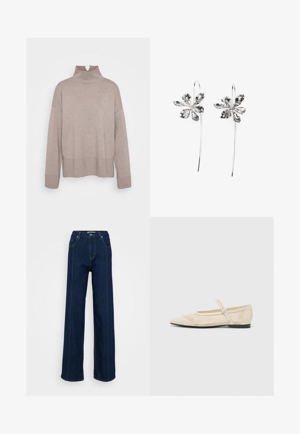 ONLY Tall ONLCOCO LIFE HIGH NECK - Camisola - fungi melange; Jeans de perna larga de cintura alta em azul escuro, com bolsos frontais, passantes para cinto e costuras em contraste, sobre um fundo claro.; Bailarinas bege com bico pontiagudo, sobreposição em rede e uma alça com fivela lateral. Sola plana com textura suave.; Brincos em forma de flor prateados com um acabamento texturizado, apresentando ganchos longos e detalhes semelhantes a pétalas para um design intrincado.