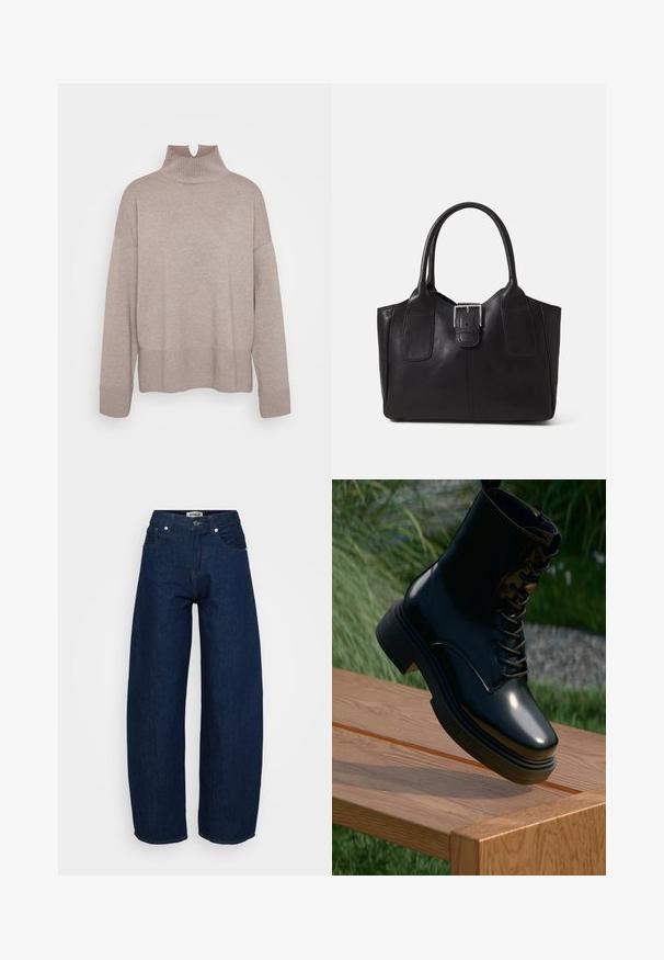 ONLY Tall ONLCOCO LIFE HIGH NECK - Pulóver - fungi melange; Sötétkék farmer széles szárú nadrág. Gombos záródással, öt zsebbel és látható varrással rendelkezik. Sima tapintású, lazán illeszkedő fazon.; Fekete lakkbőrből készült bokacsizma, kerek orral, fűzős előlappal és vastag talppal, sima textúrával és fényes felülettel.; Fekete bőr bevásárlótáska sima textúrával, strukturált formával, két fogantyúval és egy figyelemfelkeltő ezüst csattal az elején.