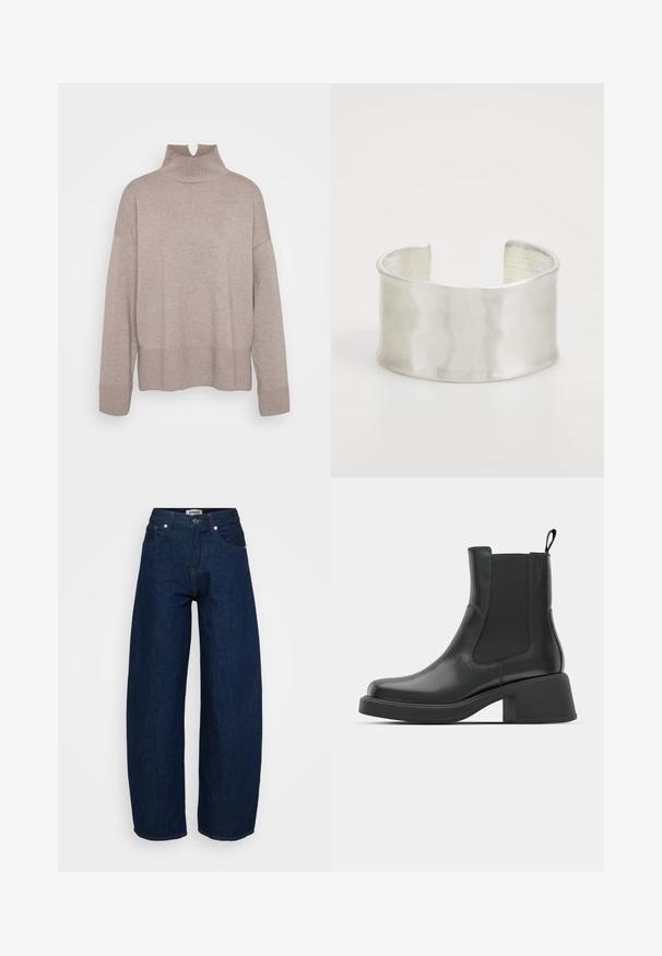 ONLY Tall ONLCOCO LIFE HIGH NECK - Camisola - fungi melange; Jeans de perna larga em denim azul escuro. Apresenta fecho com botão, cinco bolsos e costura visível. Textura suave com um ajuste descontraído.; Botas de tornozelo em couro preto com painéis laterais elásticos, biqueira arredondada e salto robusto em bloco. Textura suave com um design minimalista.; Zign Pulseira - silver-coloured