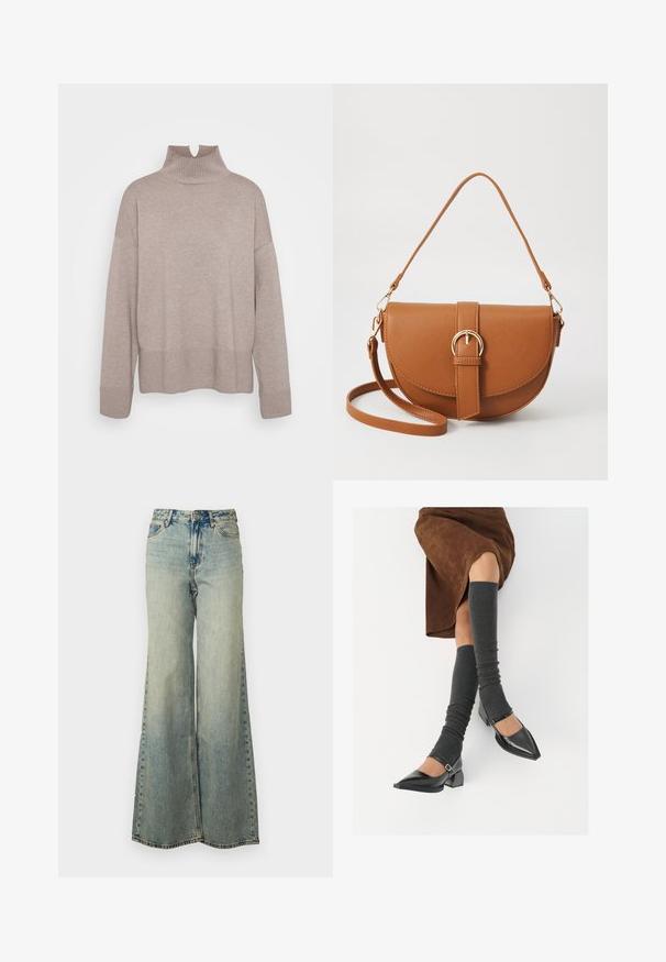 ONLY Tall ONLCOCO LIFE HIGH NECK - Camisola - fungi melange; Jeans de perna larga azul claro feitos de denim, apresentando uma cintura alta, lavagem desbotada e bolsos laterais com costura visível.; Sapatos pretos de pele lacada com biqueira pontuda, salto bloco e tiras no tornozelo, combinados com caneleiras cinzas em malha e uma saia de camurça castanha.; Bolsa transversal de couro castanho com um formato curvado, ferragens douradas e um detalhe de fivela. Inclui uma alça de ombro destacável.