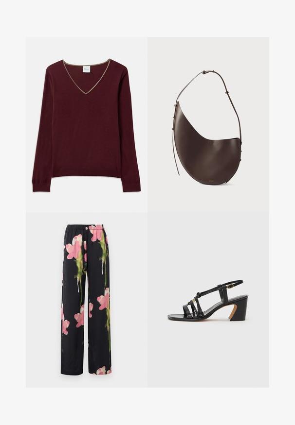 Burgundowa dzianinowa sweter z długimi rękawami, dekoltem w kształcie V i kontrastowym wykończeniem przy dekolcie. Miękka tekstura, ribbowe mankiety i dół.; Kwiatowe spodnie szerokie z czarnym tłem, zdobione różowymi i zielonymi kwiatami w stylu akwarelowym. Miękka tkanina z elastycznym paskiem w talii.; Paul Smith AMIRA czarny; Brązowa skórzana torebka o zakrzywionym kształcie, z jedną rączką i minimalistycznym designem. Posiada subtelne logo oraz złote akcenty.