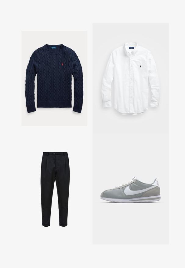 Marineblauwe kabelgebreide trui met ribgebreide manchetten en zoom. Heeft een klein rood logo op de borst. Gemaakt van textiel gebreid stof. Klassieke ronde hals.; Witte lange mouwen overhemd van katoen. Voorzien van een klassiek kraag, knopenmanchetten en een klein marineblauw geborduurd logo op de borst.; Zwarte broek van een gladde stof, met een geplooide voorkant, taps toelopende pasvorm en opgerolde mouwen. Eenvoudige knoopsluiting bij de taille.; Grijze sportschoen met een bovenwerk van suede en textiel, witte Nike swoosh en witte veters. Heeft een gestructureerde rubberen zool en een gevoerde schacht.
