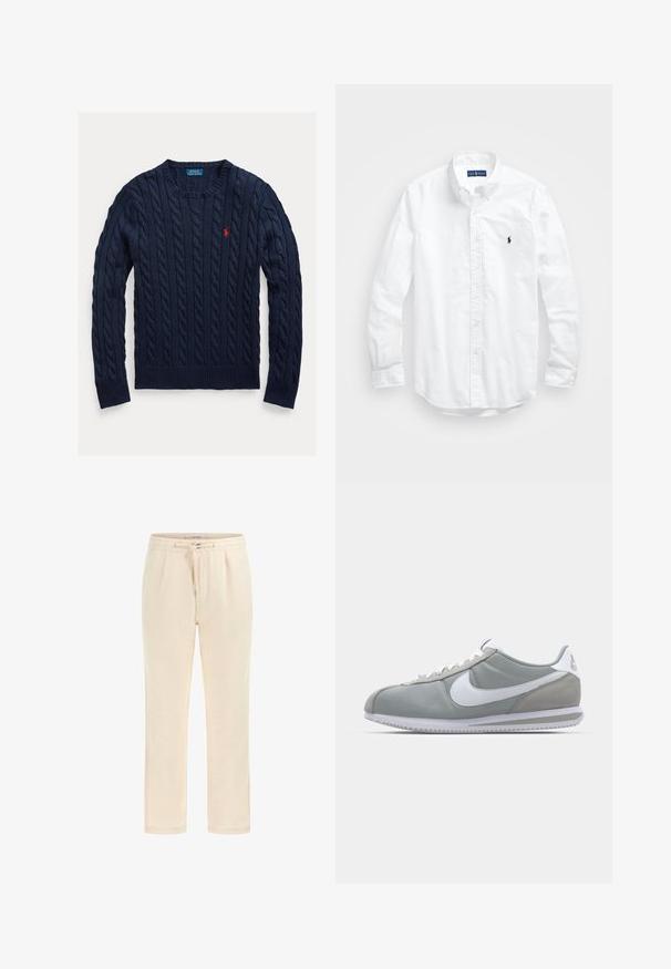 Marineblå kabelstrikket sweater med ribbekantede ærmer og kant. Har et lille rødt logo på brystet. Fremstillet af tekstureret strikket stof. Klassisk rund hals.; Hvid langærmet skjorte i bomuld. Har en klassisk krave, knapmanchetter og et lille marineblåt broderet logo på brystet.; Beige joggers lavet af blødt stof med elastisk talje, snøre og sidelommer. Lige ben design med en glat tekstur.; Grå atletisk sko med overdækning i ruskind og tekstil, hvid Nike swoosh og hvide snørebånd. Har en struktureret gummisål og polstret krave.