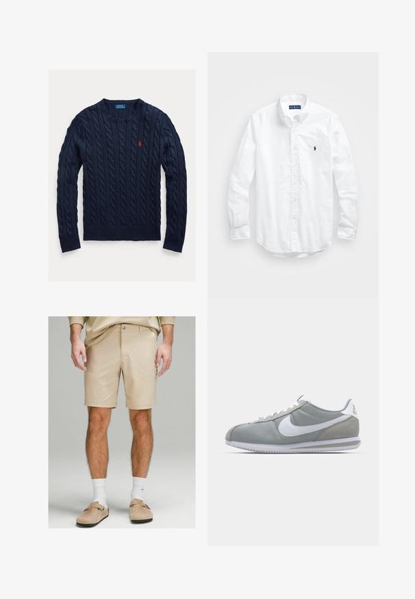 Granatowy sweter w warkoczowy wzór z prążkowanymi mankietami i dołem. Posiada małe czerwone logo na piersi. Wykonany z teksturowanej dzianiny. Klasyczny okrągły dekolt.; Biała, bawełniana koszula z długim rękawem zapinana na guziki. Posiada klasyczny kołnierzyk, mankiety zapinane na guziki oraz małe, granatowe, haftowane logo na klatce piersiowej.; Beżowe szorty z lekkiego materiału, z płaskim przodem, zapięciem na jeden guzik i dopasowanym krojem. Noszone z białymi skarpetkami i beżowymi butami wsuwanymi.; Szare buty sportowe z cholewką z zamszu i tekstyliów, białym logo Nike i białymi sznurówkami. Posiadają teksturowaną gumową podeszwę i wyściełany kołnierz.