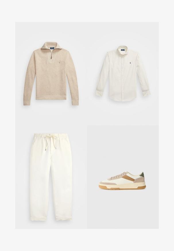 Beige, textúrájú pulóver, cipzáros gallérral. A mandzsetták és az alsó szegély bordáztak, a mellkasán pedig egy kis hímzett logó található.; Fehér, hosszú ujjas, pamut ing, gombos gallérral, egyetlen mellzsebbel és egy kis sötétkék logóval a bal oldalon.; Világos krém színű, puha anyagból készült könnyed nadrág. Rugalmas derékpánttal és húzózsinórral rendelkezik, valamint keskenyített lábdesign jellemzi.; Beige, krémszínű és olívazöld sportcipők, velúr és bőr anyagból, kerek orral, minimalista dizájnnal és gumitalppal.