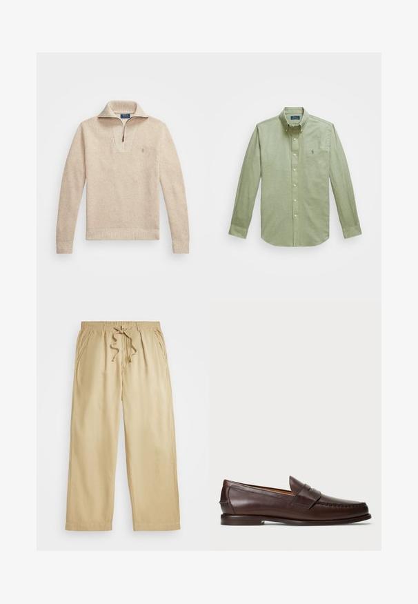 Beige, teksturert genser med glidelås i kragen. Har ribbestrikkede mansjetter og nederkant, og en liten brodert logo på brystet.; Lys grønn langermet skjorte med knapper, som har en spiss krage, et lite brodert logo på brystet og perleknapper.; Beige joggebukser med snor i midjen, vide ben, to sidelommer og sømdetaljer. Myk, lett stoff.; Mørkebrune skinn penny loafers med lav hæl, sydd moc toe og stroppdetalj over overdelen, vist mot en hvit bakgrunn.